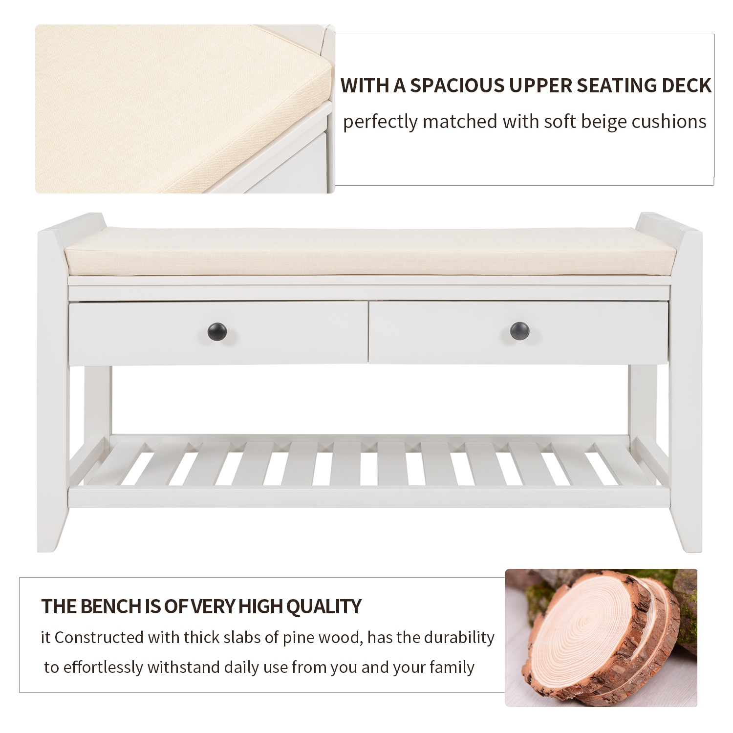 Banc d'entrée avec porte-chaussures, siège et tiroirs, blanc