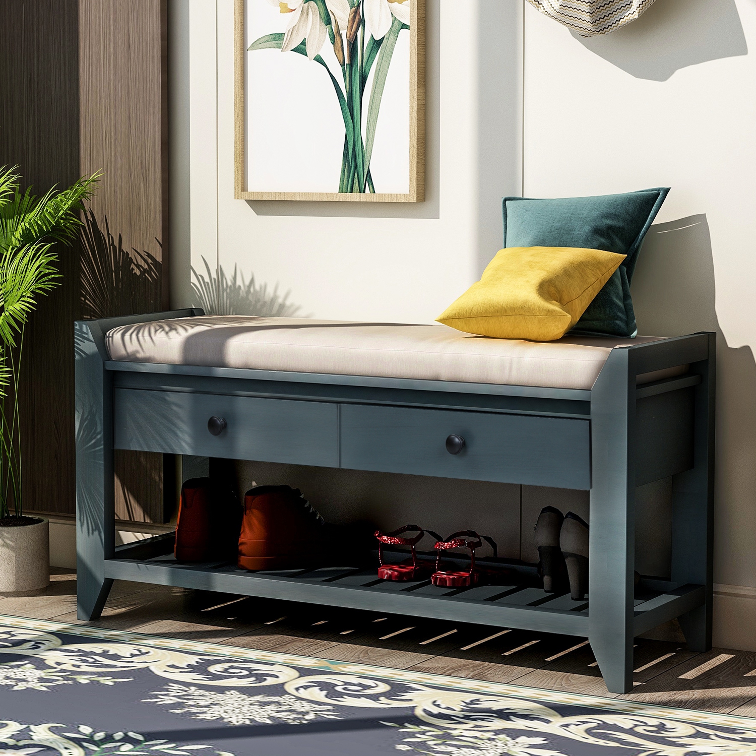 Entryway Shoe Rack Bench with Seat & Drawers