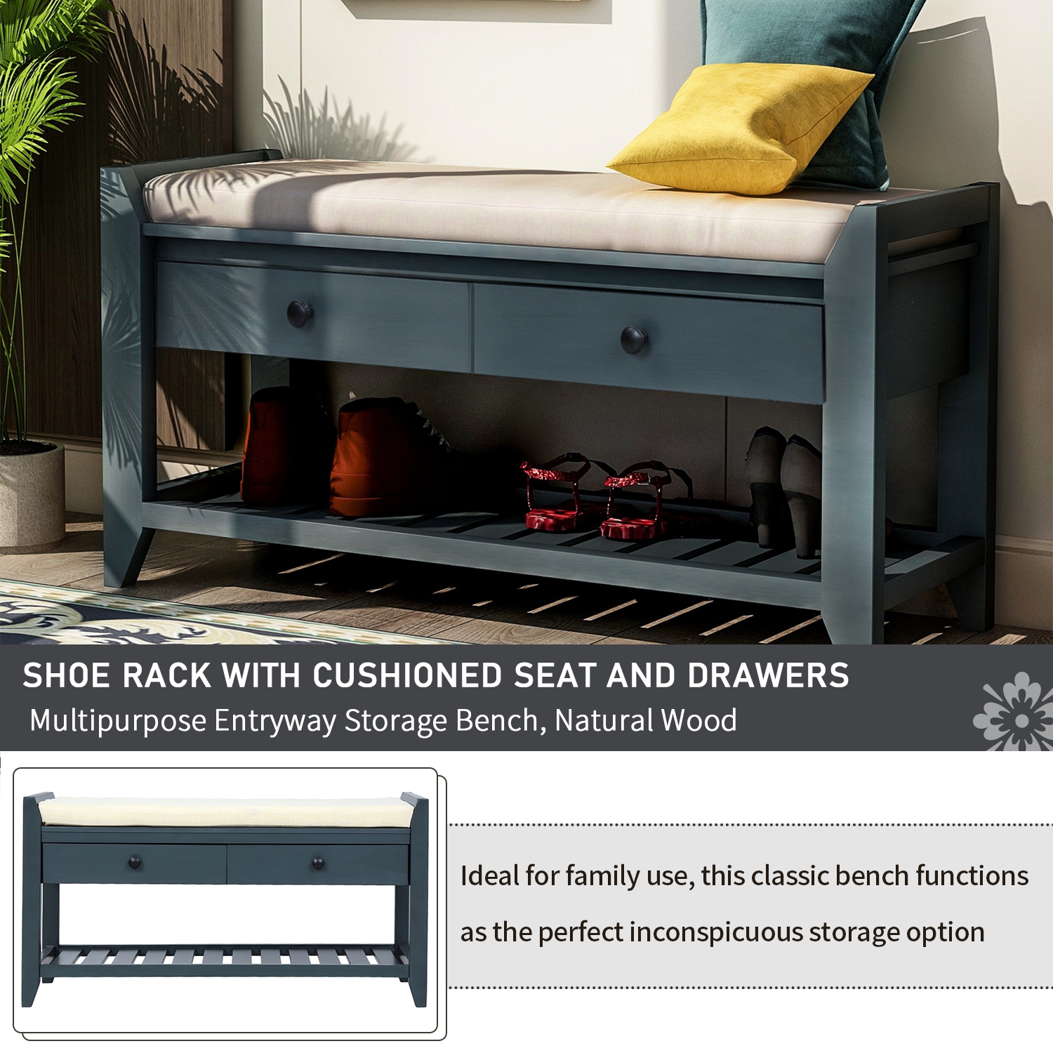 Entryway Shoe Rack Bench with Seat & Drawers