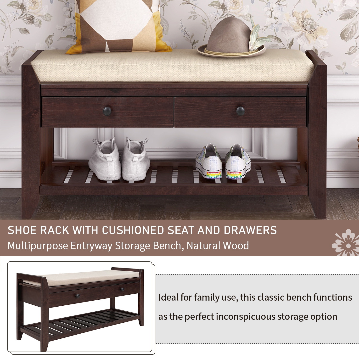 Espresso Shoe Rack Bench with Seat & Drawers