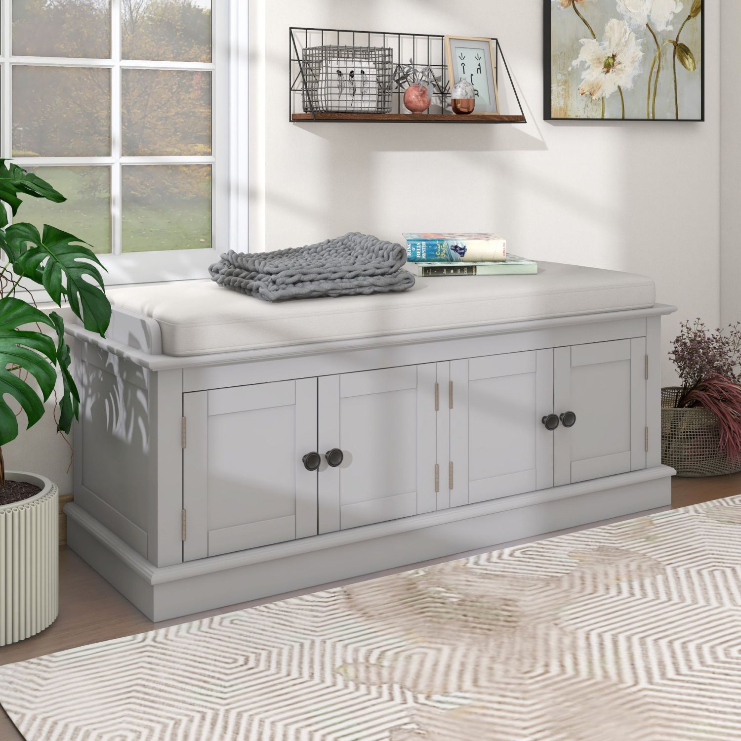 Gray Wash Storage Bench with Doors & Shelves, Removable Cushion