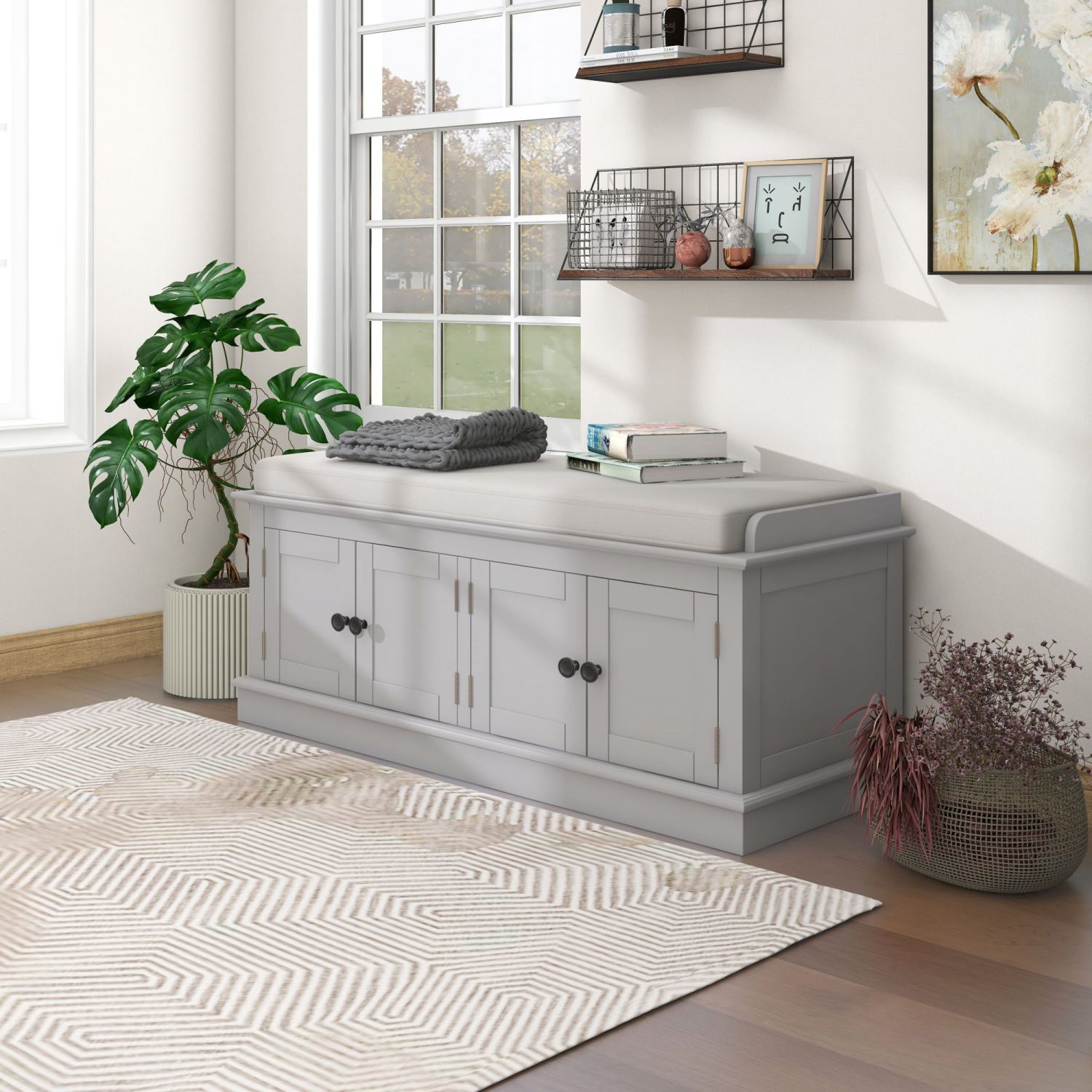 Gray Wash Storage Bench with Doors & Shelves, Removable Cushion
