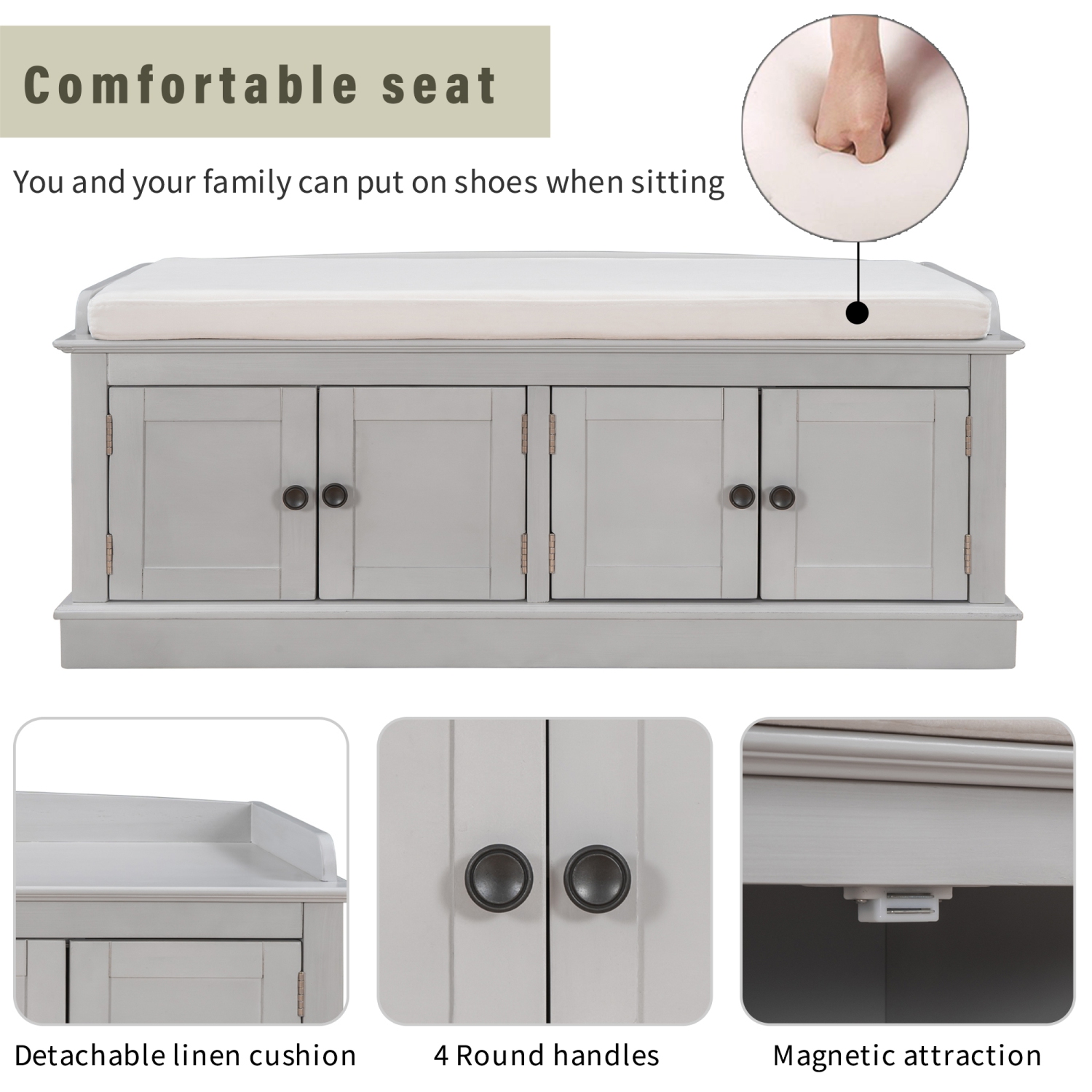 Gray Wash Storage Bench with Doors & Shelves, Removable Cushion