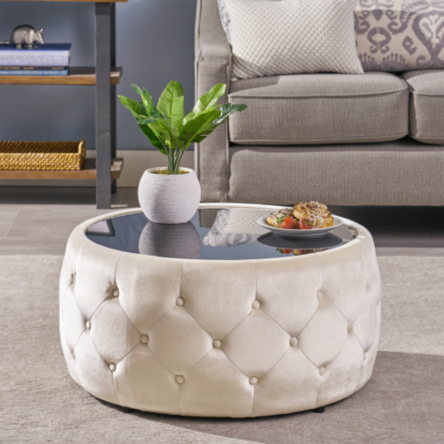 Pouf en velours avec dessus en verre trempé - Glam moderne