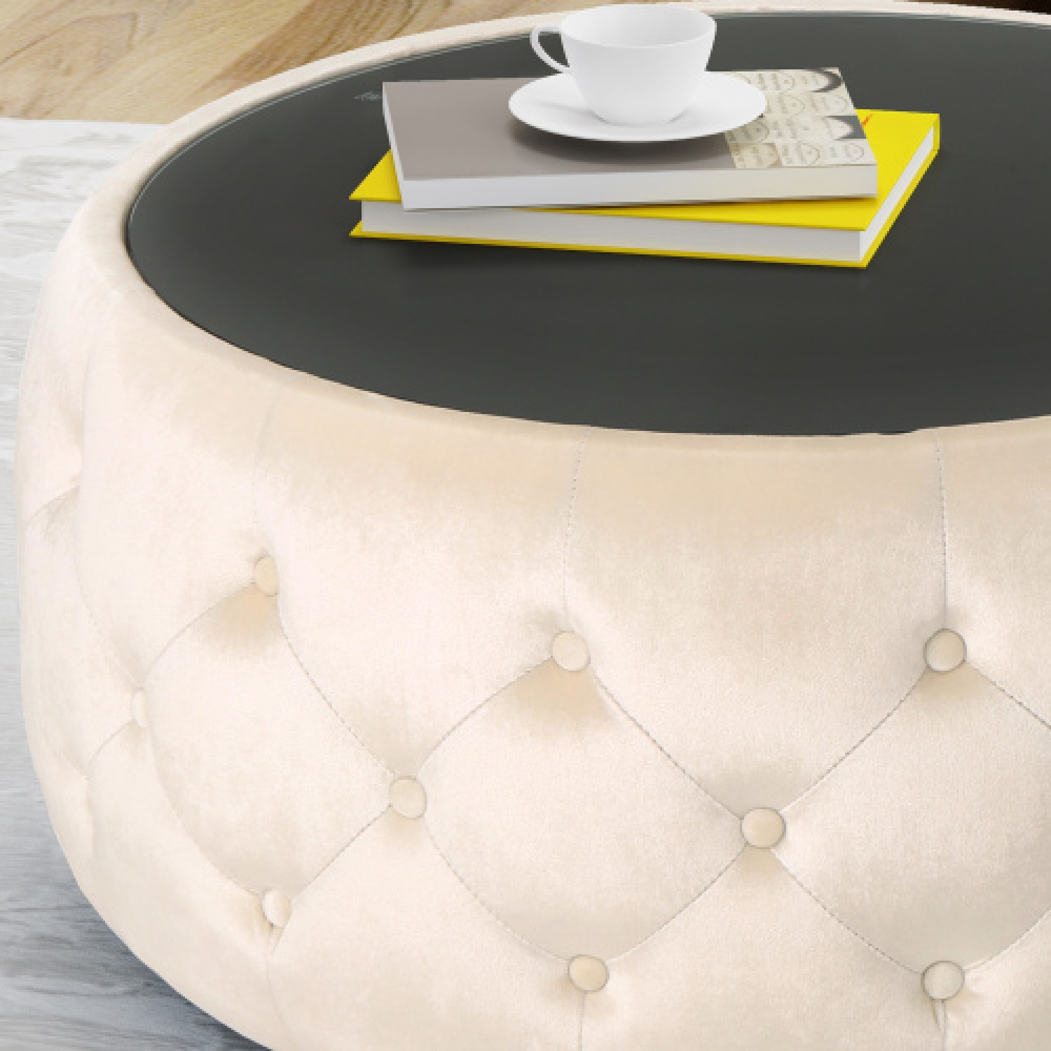 Pouf en velours avec dessus en verre trempé - Glam moderne