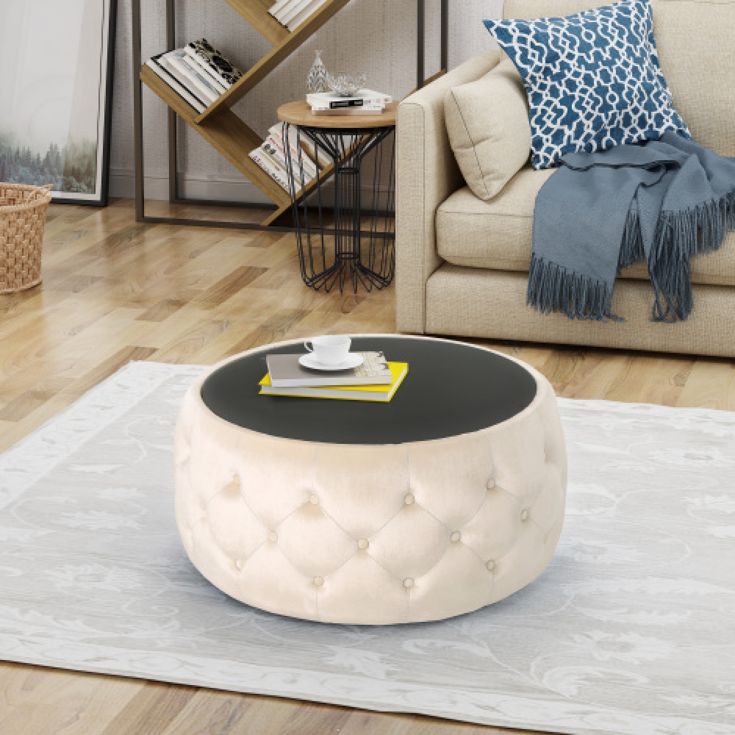 Pouf en velours avec dessus en verre trempé - Glam moderne