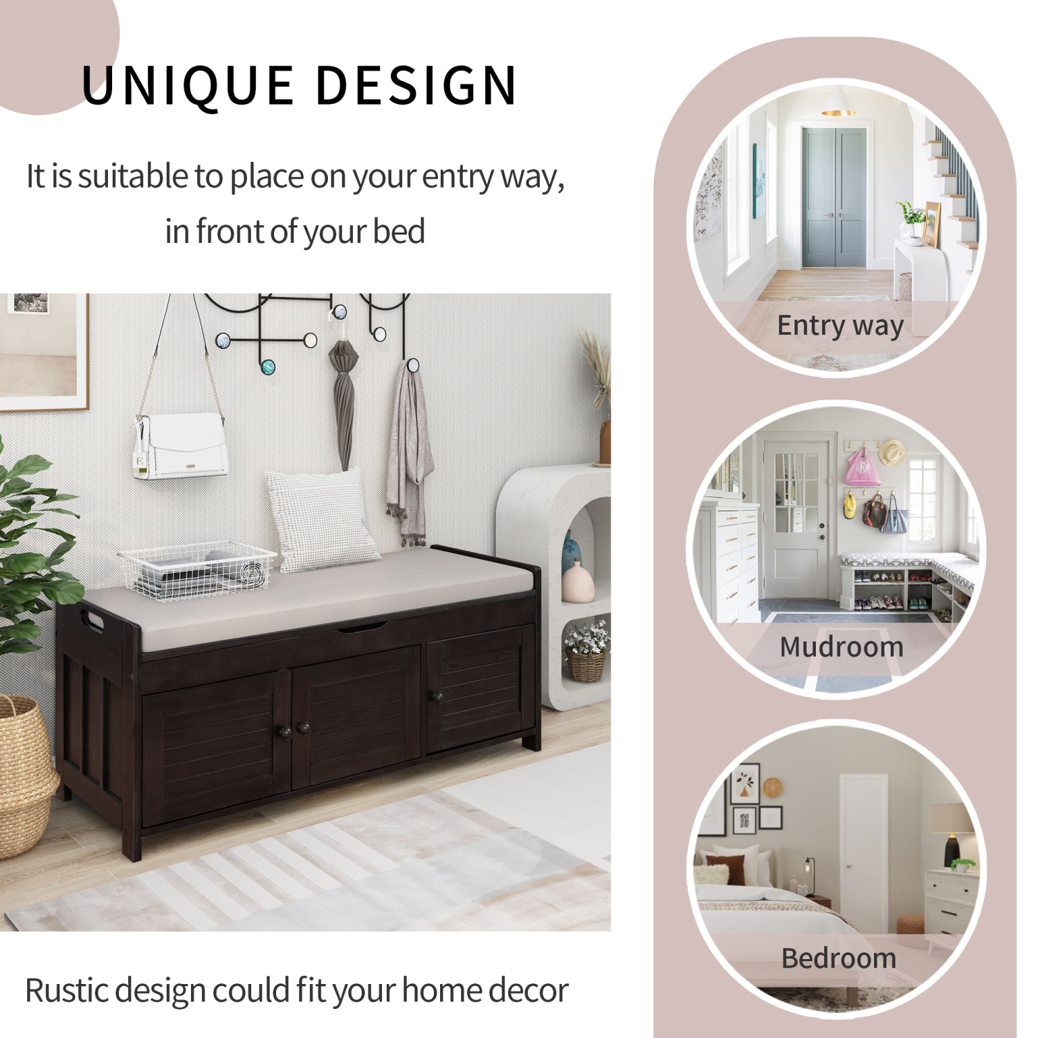 Espresso Storage Bench with 3 Doors & Cushion - Shoe Bench