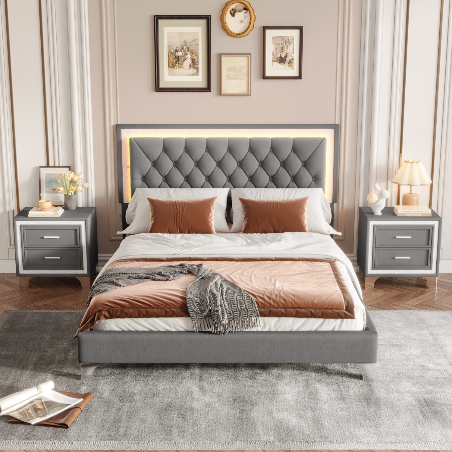 Queen Bed Set with LED, 2 Nightstands - Gray