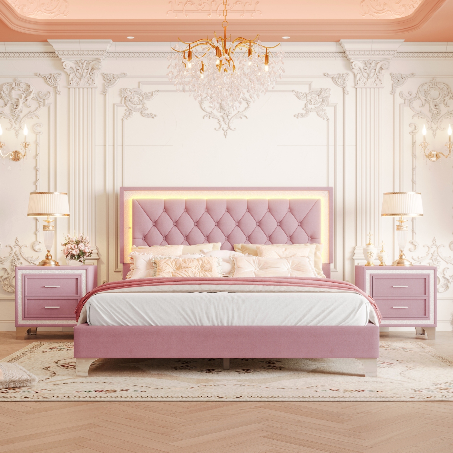 Queen Bed Set with LED, 2 Nightstands - Pink