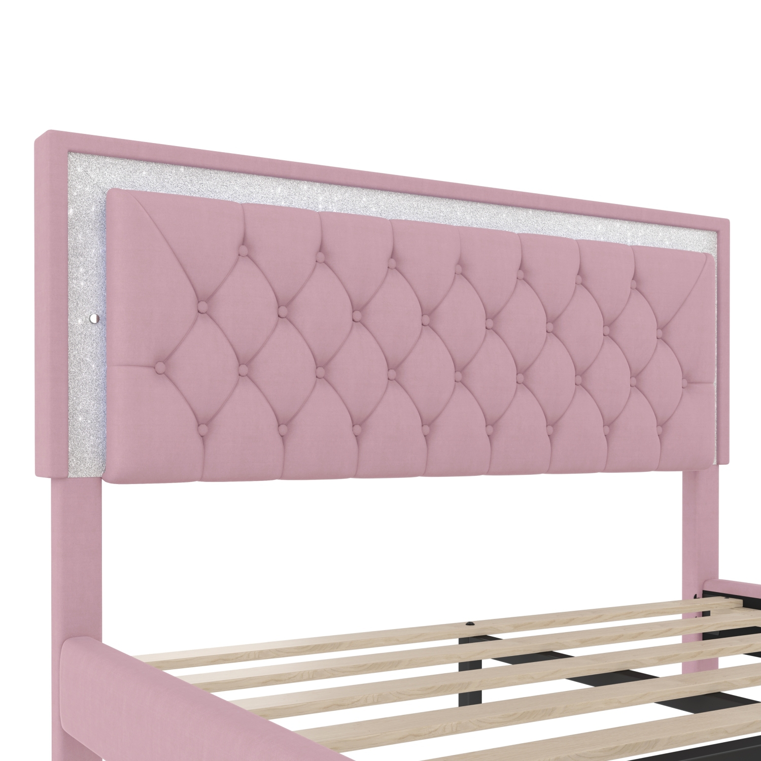 Queen Bed Set with LED, 2 Nightstands - Pink