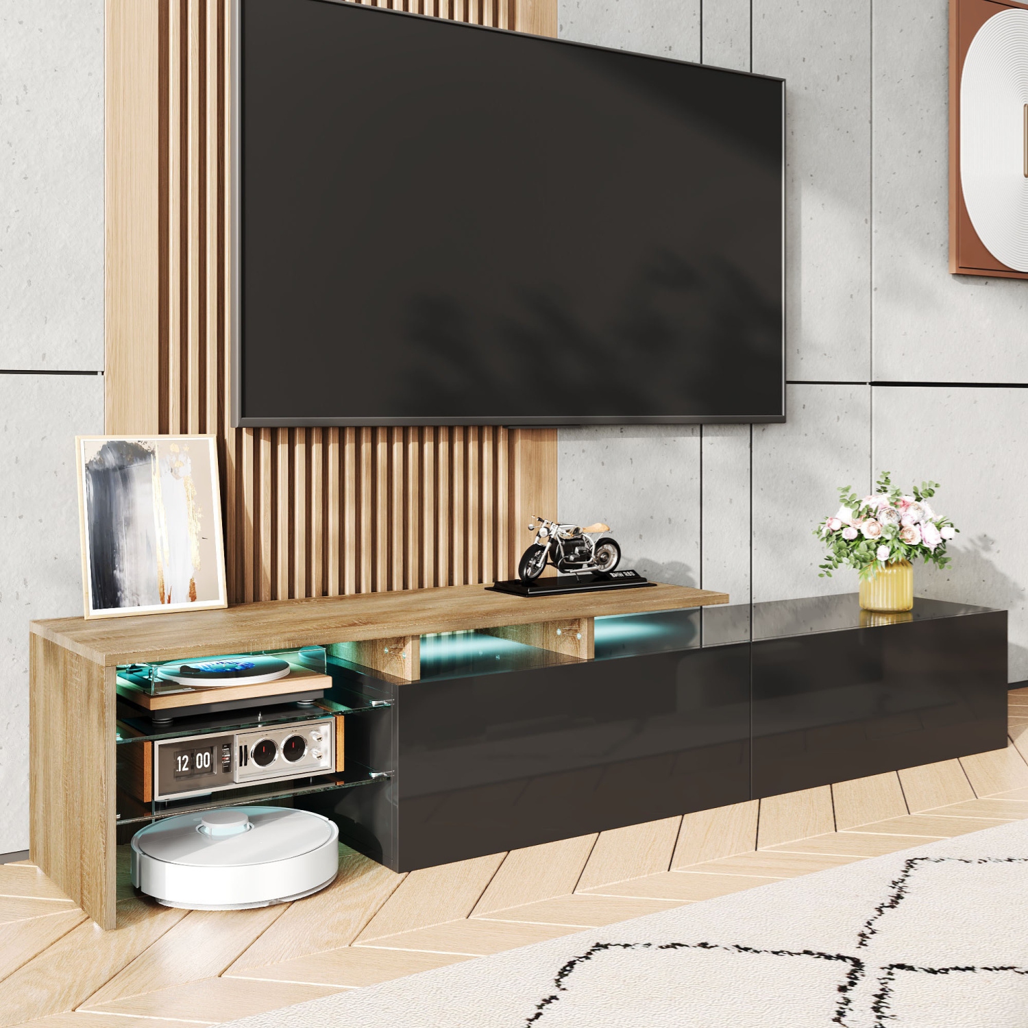 High-Gloss Black TV Cabinet: Modern Design, LED, Storage, Glass Shelves
