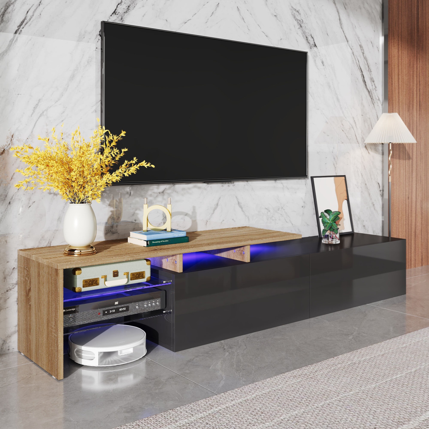 High-Gloss Black TV Cabinet: Modern Design, LED, Storage, Glass Shelves