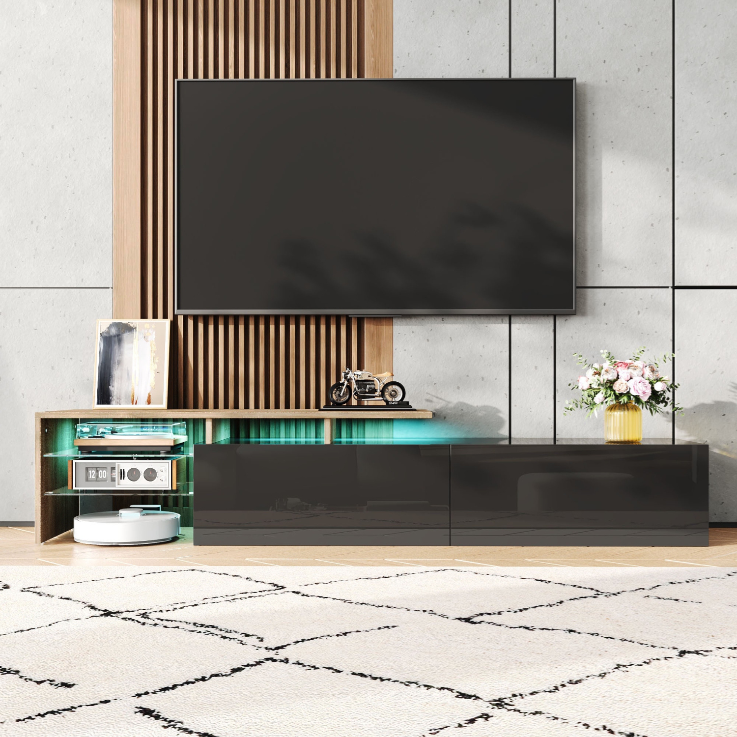 High-Gloss Black TV Cabinet: Modern Design, LED, Storage, Glass Shelves