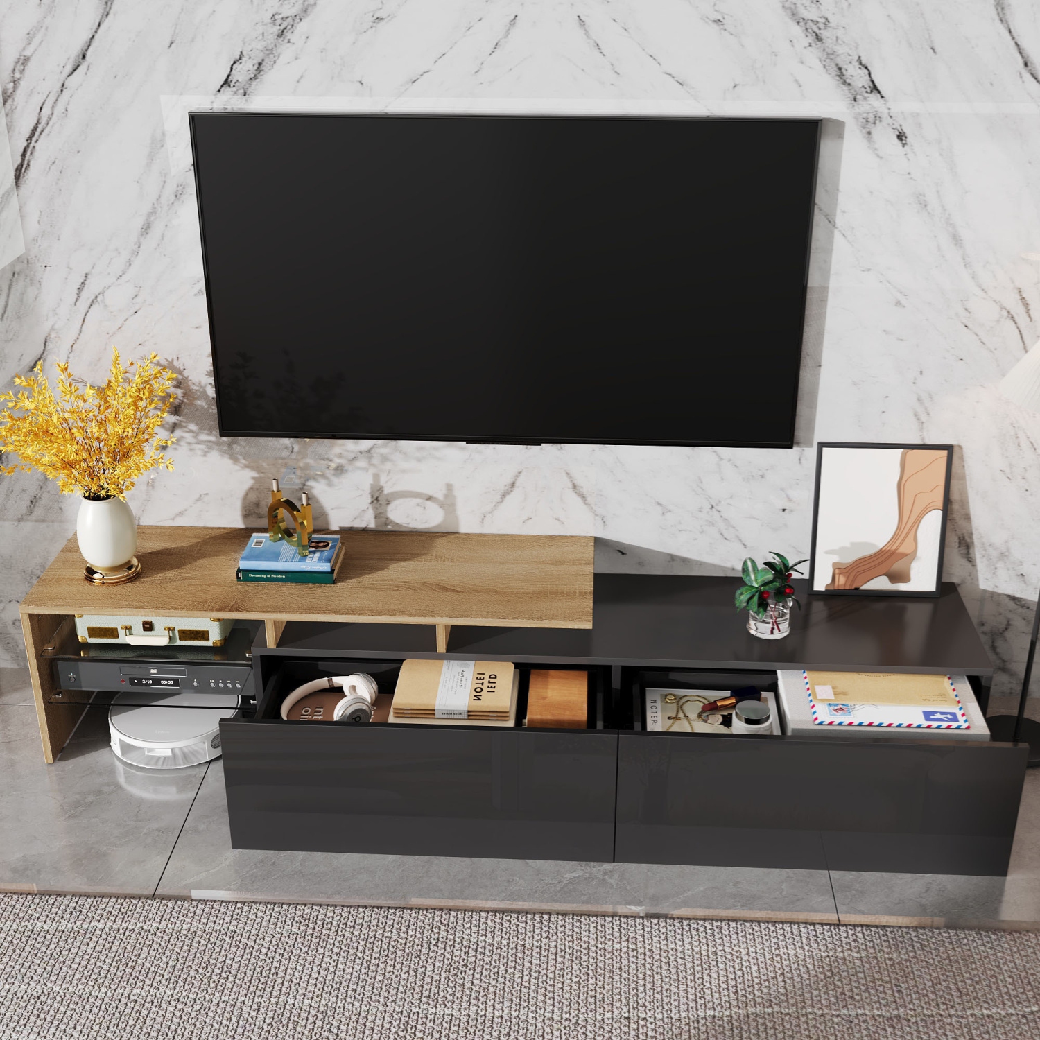 High-Gloss Black TV Cabinet: Modern Design, LED, Storage, Glass Shelves
