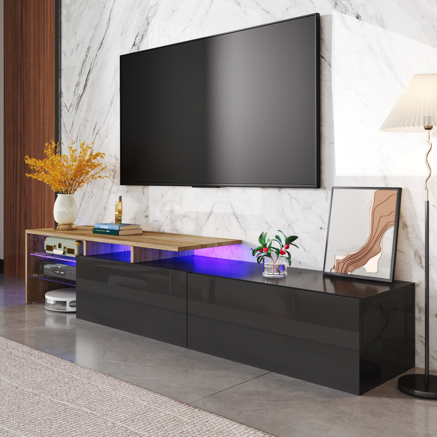 High-Gloss Black TV Cabinet: Modern Design, LED, Storage, Glass Shelves