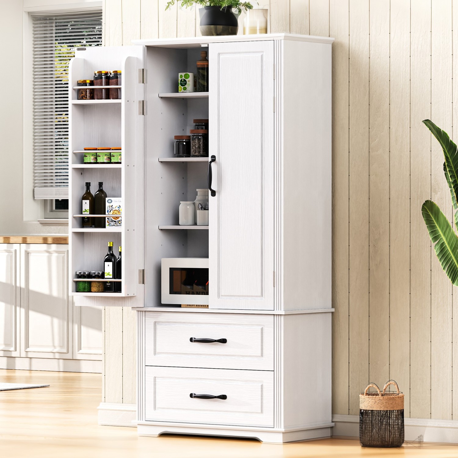 Farmhouse Pantry Cabinet - 71" Freestanding Cupboard w/ Drawers & Shelves, White