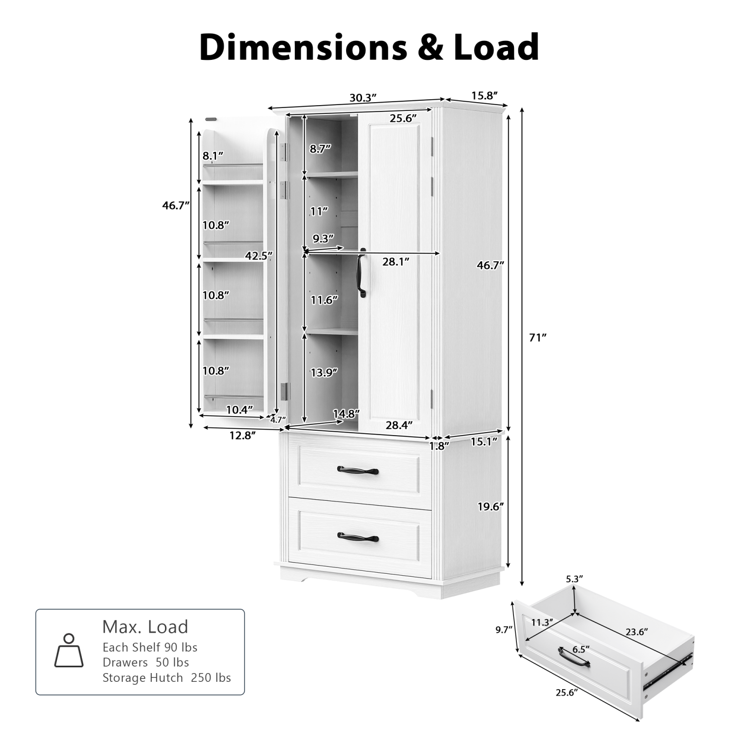Farmhouse Pantry Cabinet - 71" Freestanding Cupboard w/ Drawers & Shelves, White