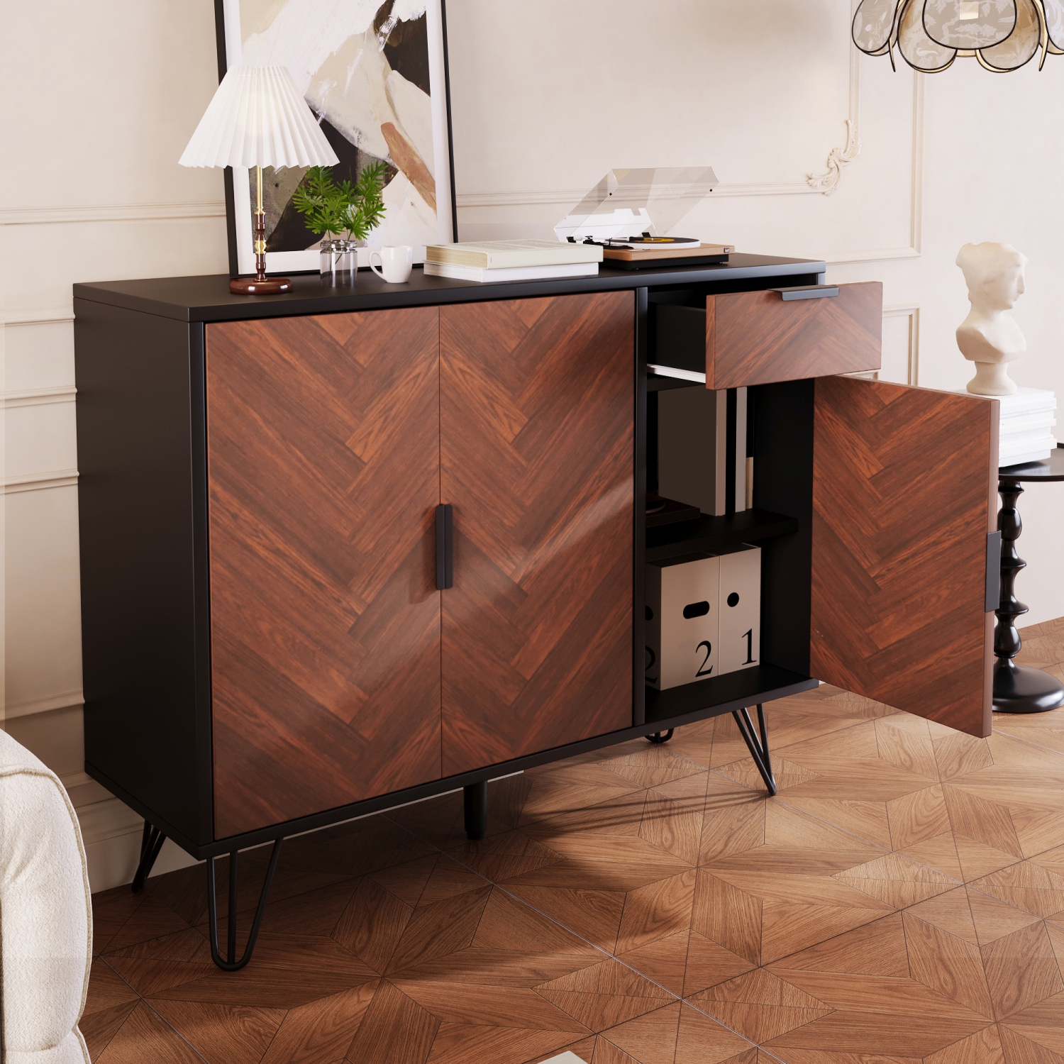 Armoire de rangement en bois avec tiroir et tablettes ajustables, noir