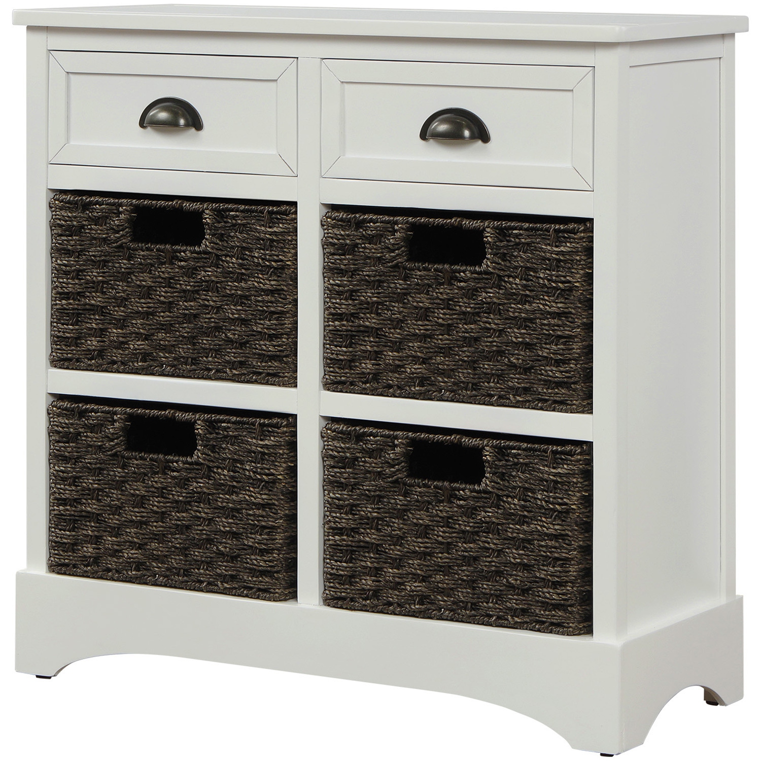 White Rustic Cabinet w/ Drawers & Rattan Baskets - Dining/Living Room