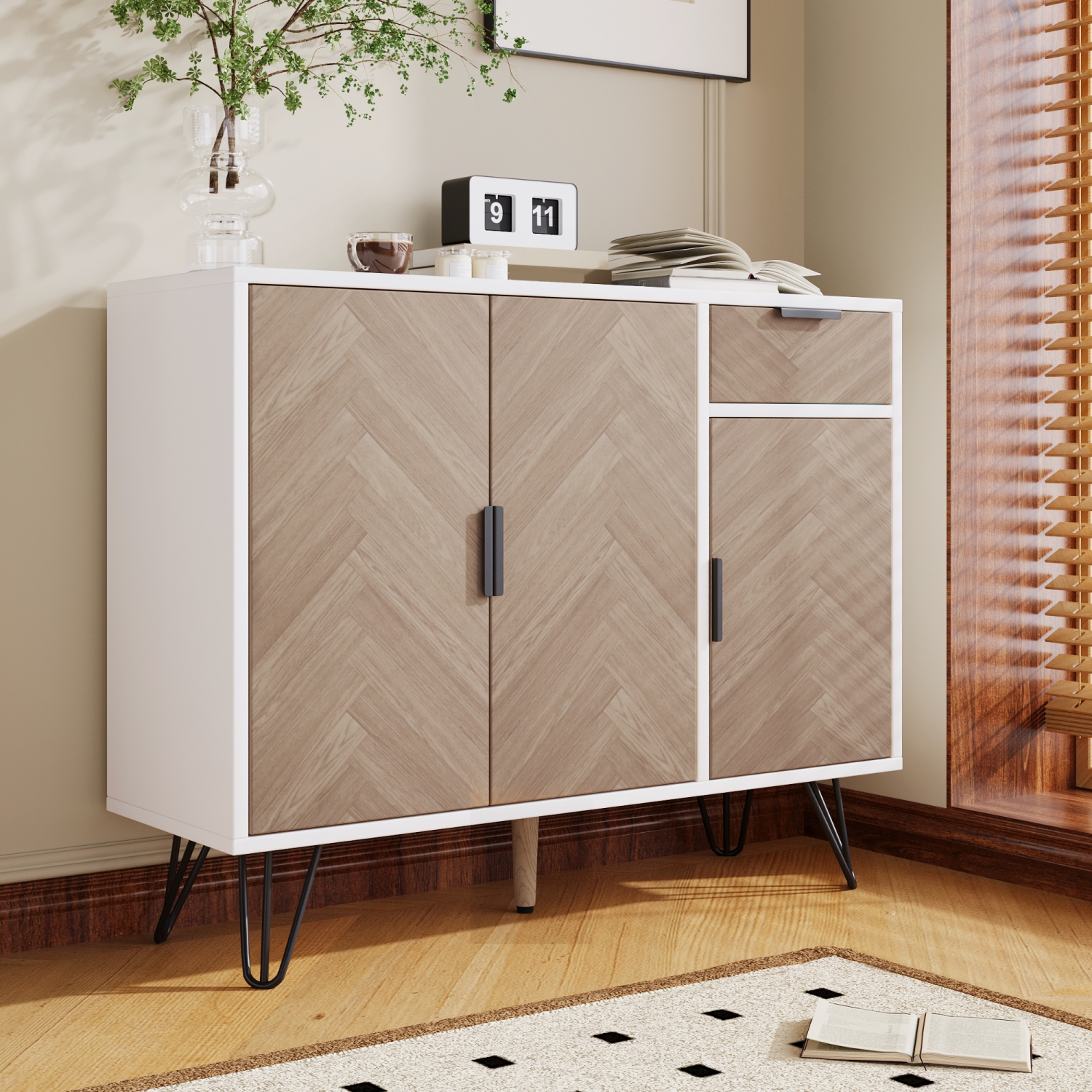 White & Wood Sideboard Storage Cabinet - Adjustable Shelves