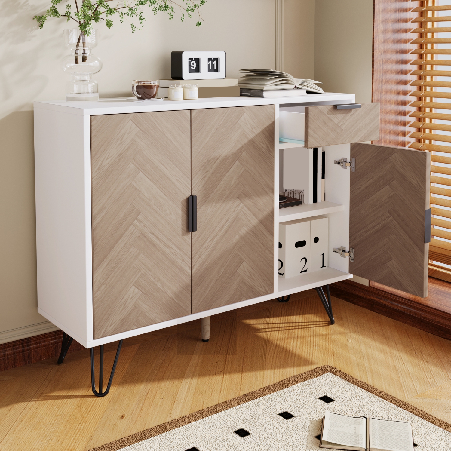 White & Wood Sideboard Storage Cabinet - Adjustable Shelves