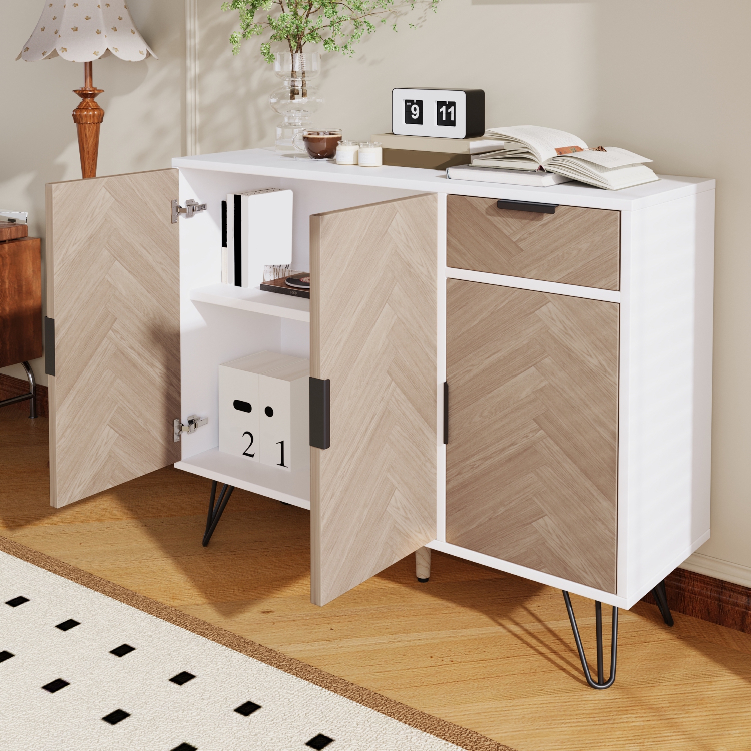 White & Wood Sideboard Storage Cabinet - Adjustable Shelves