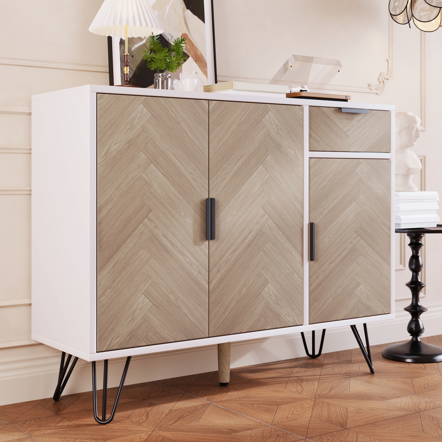White & Wood Sideboard Storage Cabinet - Adjustable Shelves