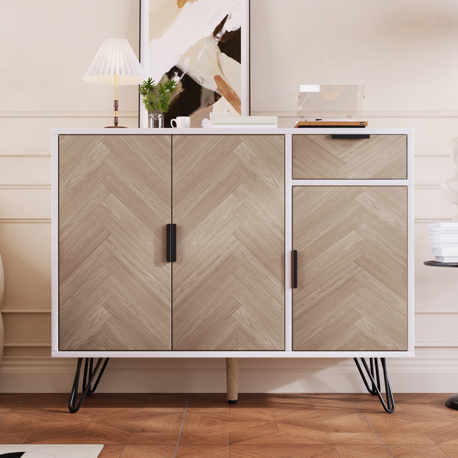 White & Wood Sideboard Storage Cabinet - Adjustable Shelves