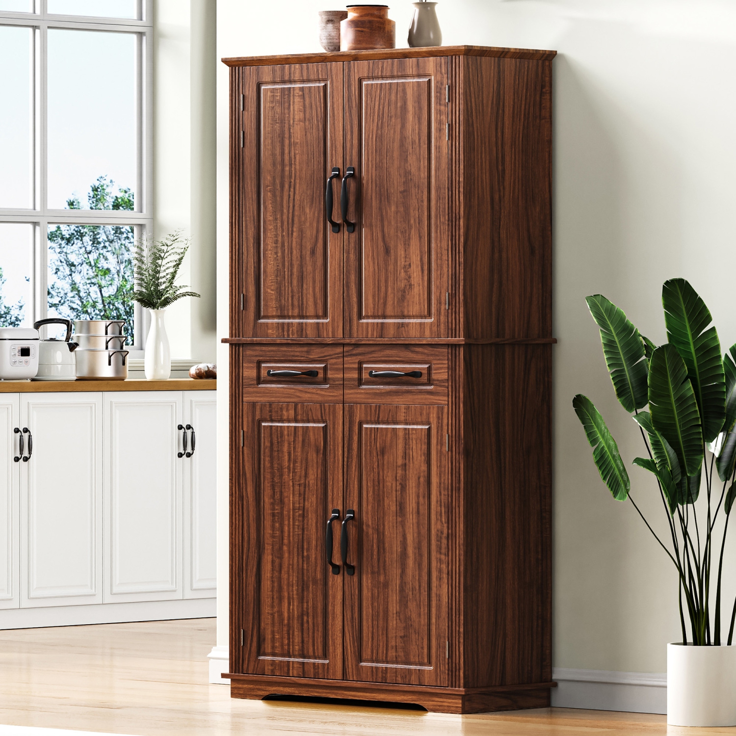 Armoire garde-manger Farmhouse, 72&nbsp;po de hauteur, range-tout coulissants, brun