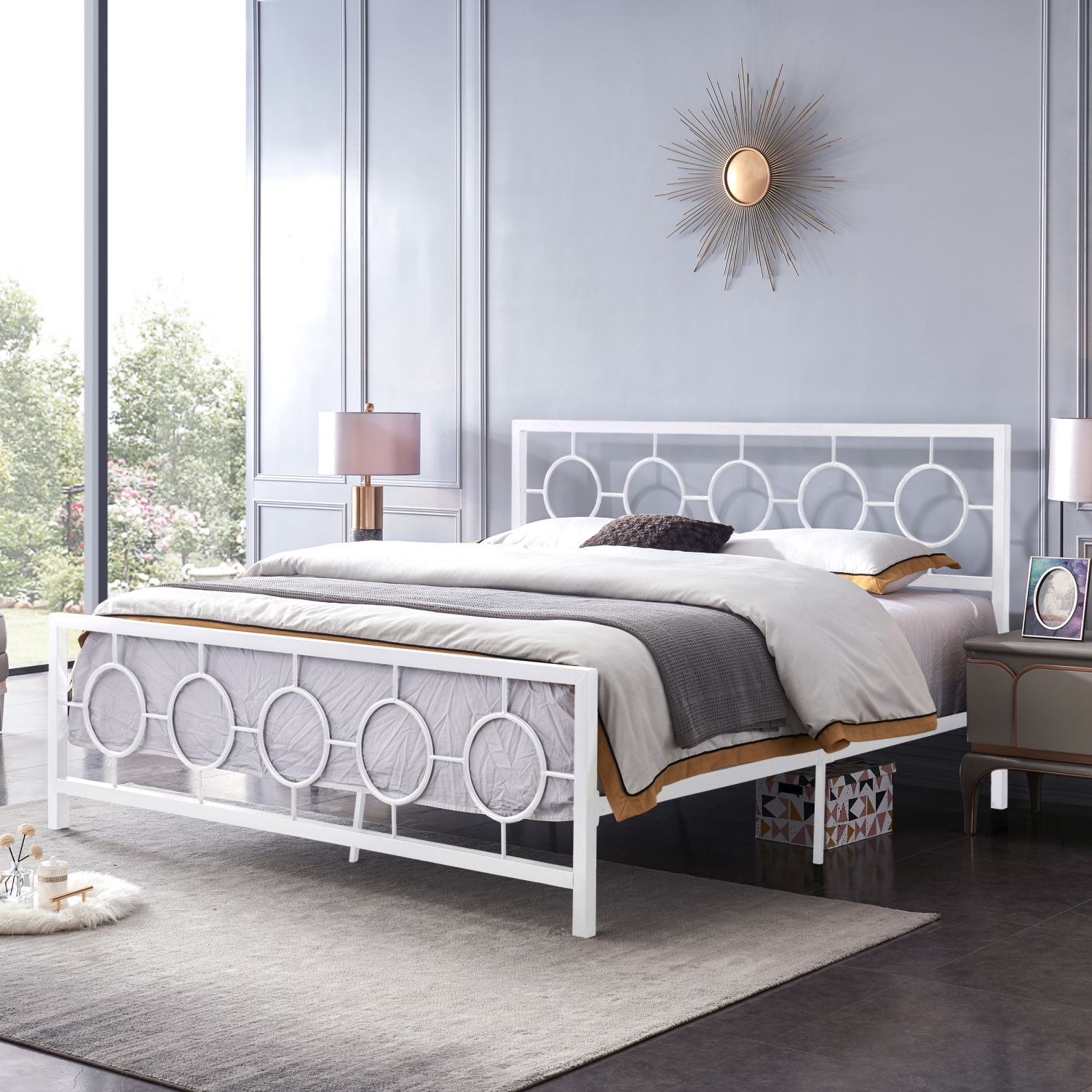White King Metal Bed Frame - Circular Headboard & Footboard