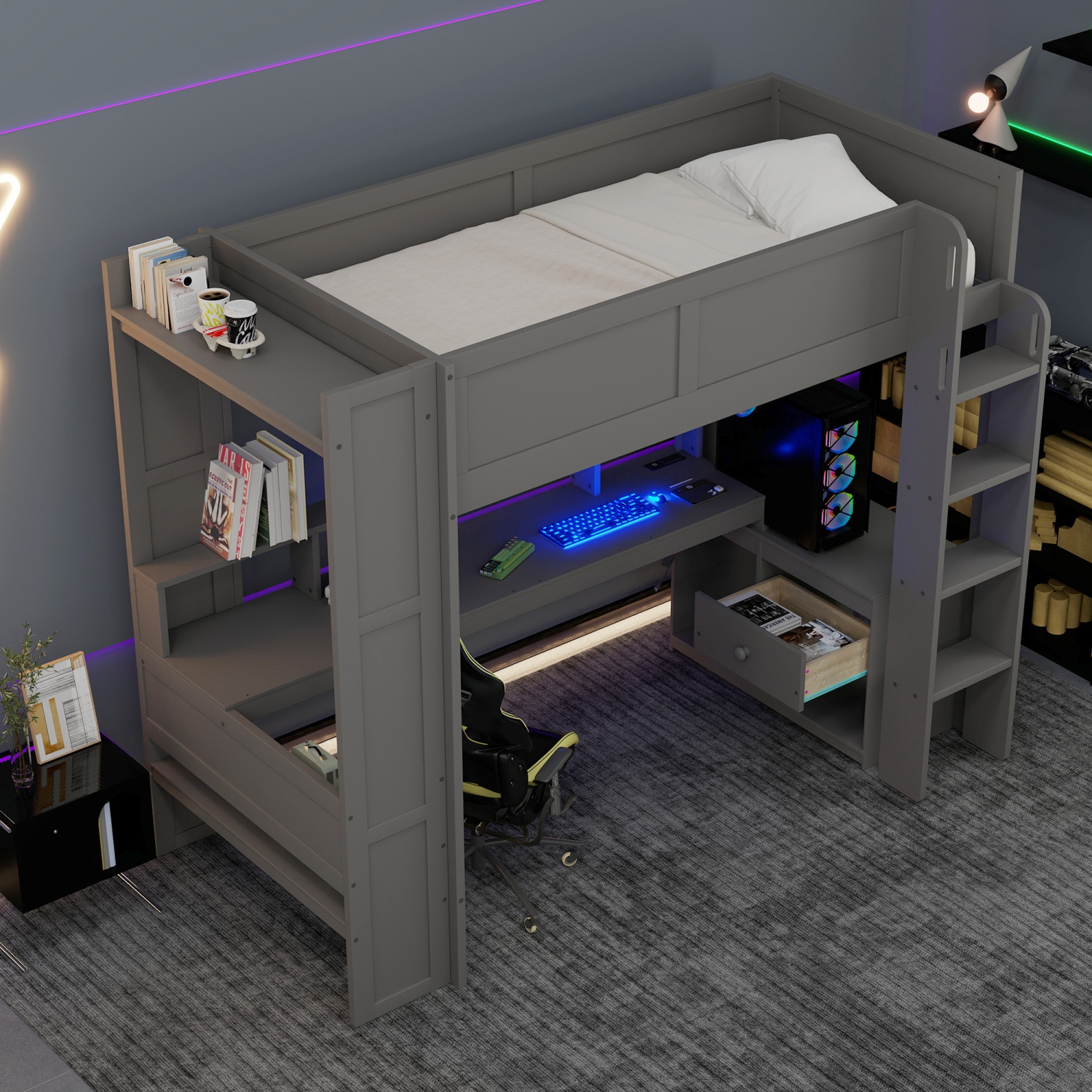 Lit mezzanine de jeu avec bureau, tablettes, LED, chargeur - Lit simple, gris foncé