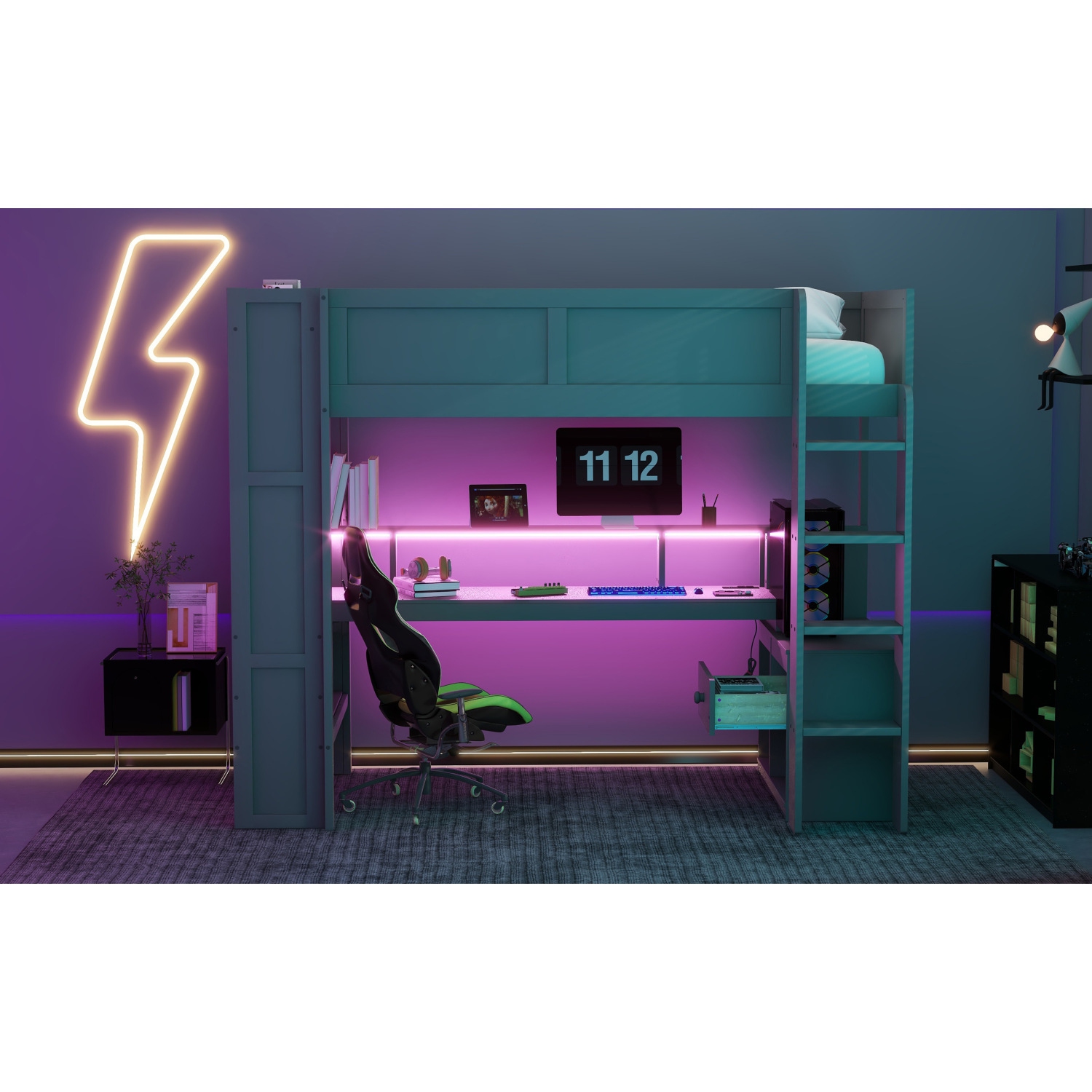 Lit mezzanine de jeu avec bureau, tablettes, LED, chargeur - Lit simple, gris foncé