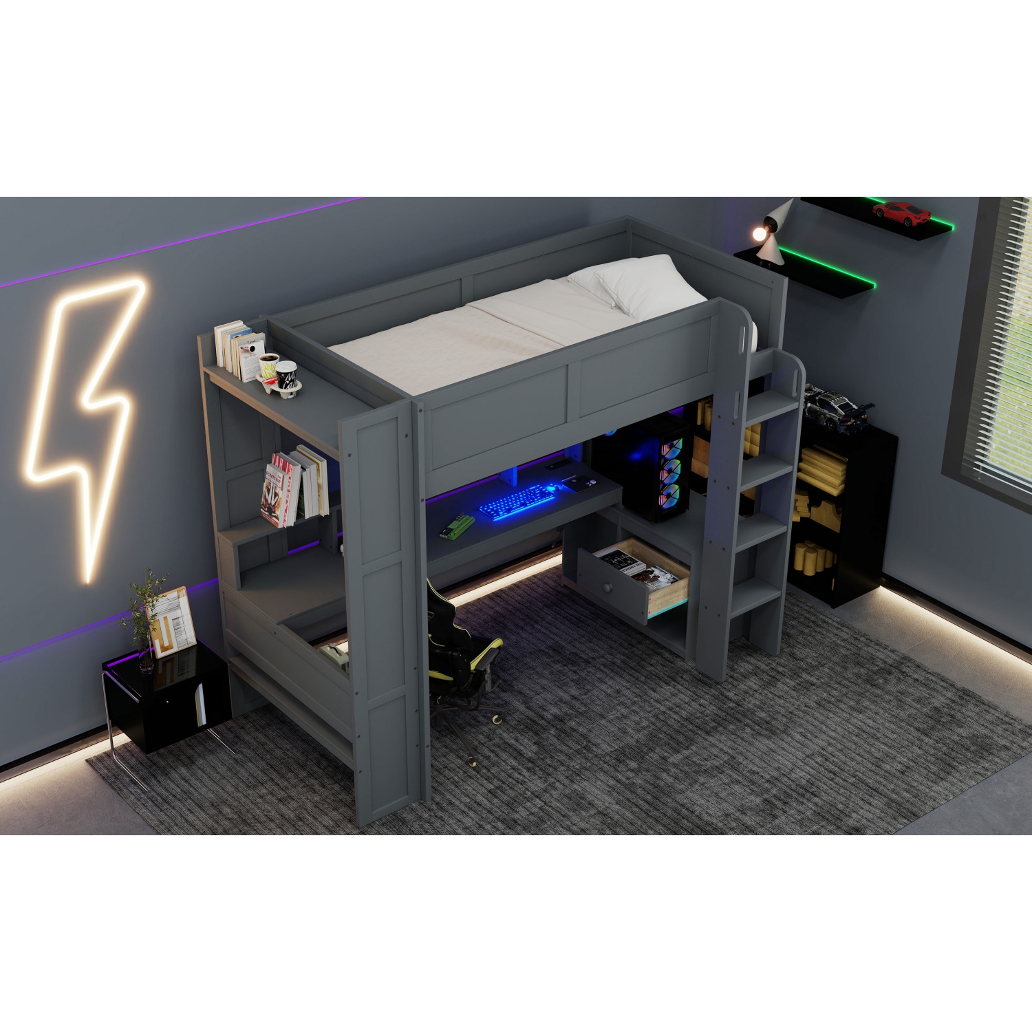 Lit mezzanine de jeu avec bureau, tablettes, LED, chargeur - Lit simple, gris foncé