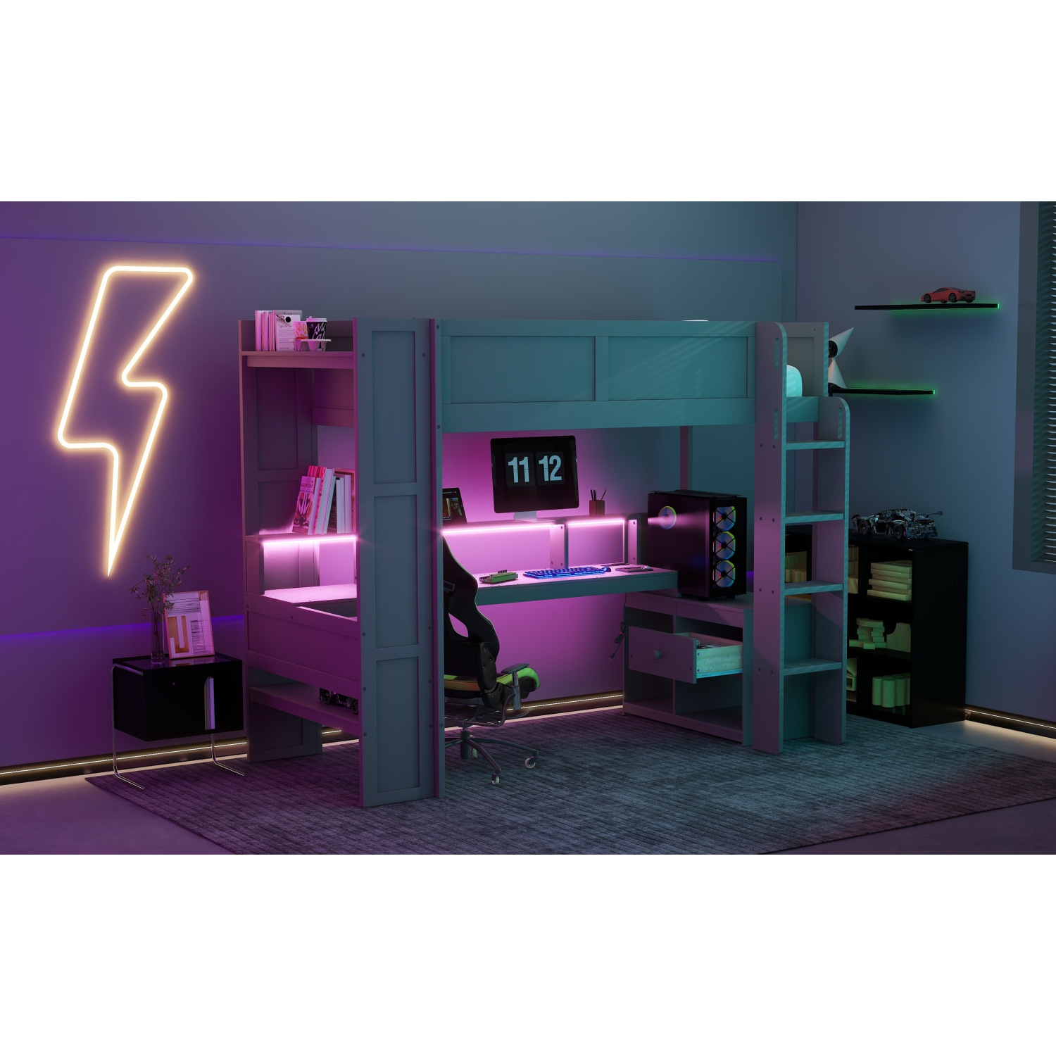 Lit mezzanine de jeu avec bureau, tablettes, LED, chargeur - Lit simple, gris foncé