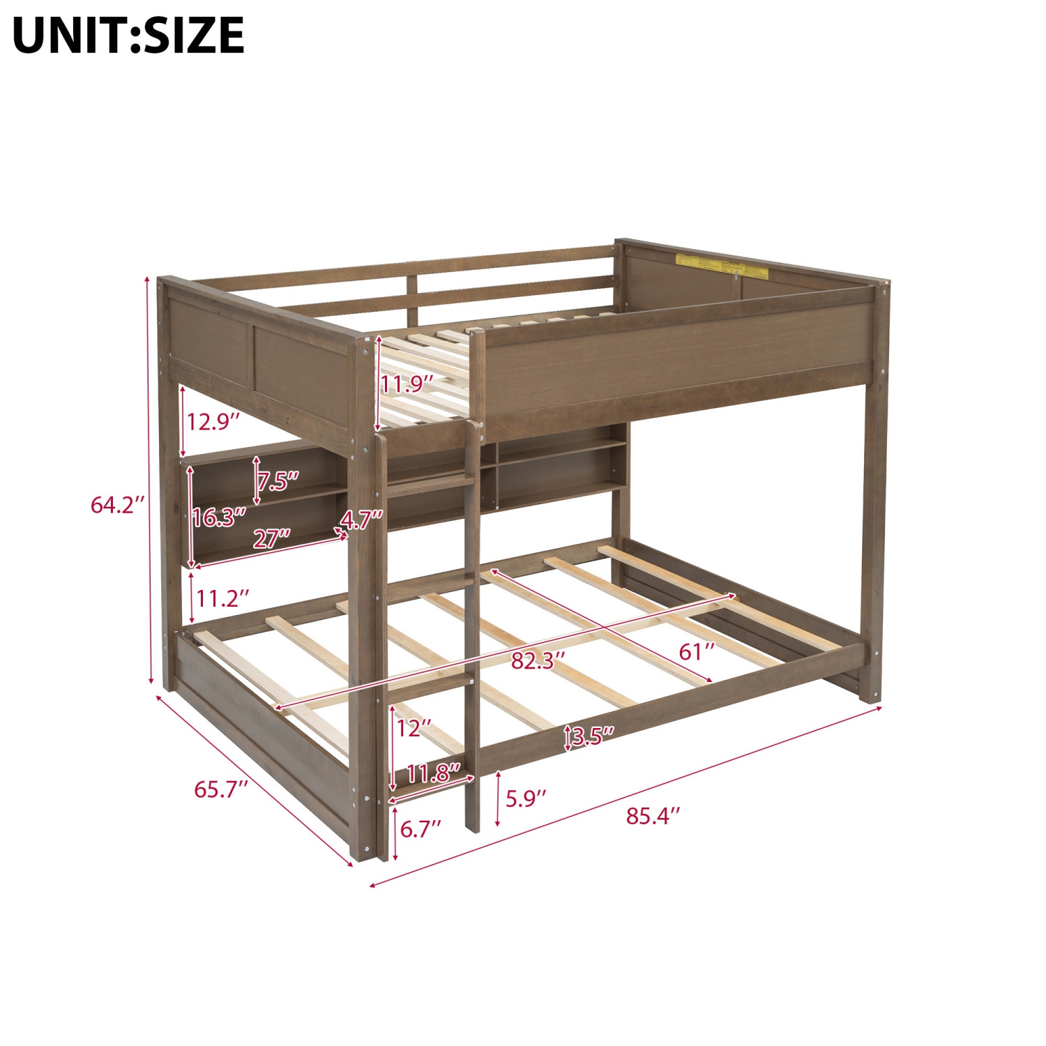 Queen/Queen Bunk Bed w/ Storage, USB, Antique Wood