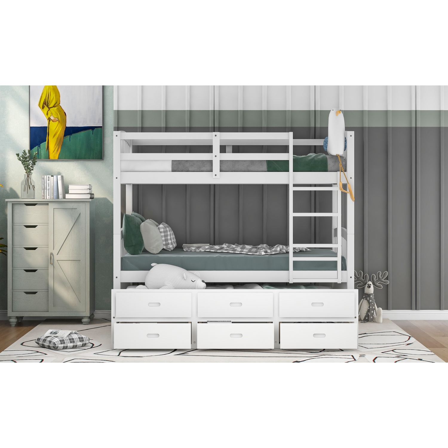 Twin over Twin Wood Bunk Bed with Trundle and Drawers,White