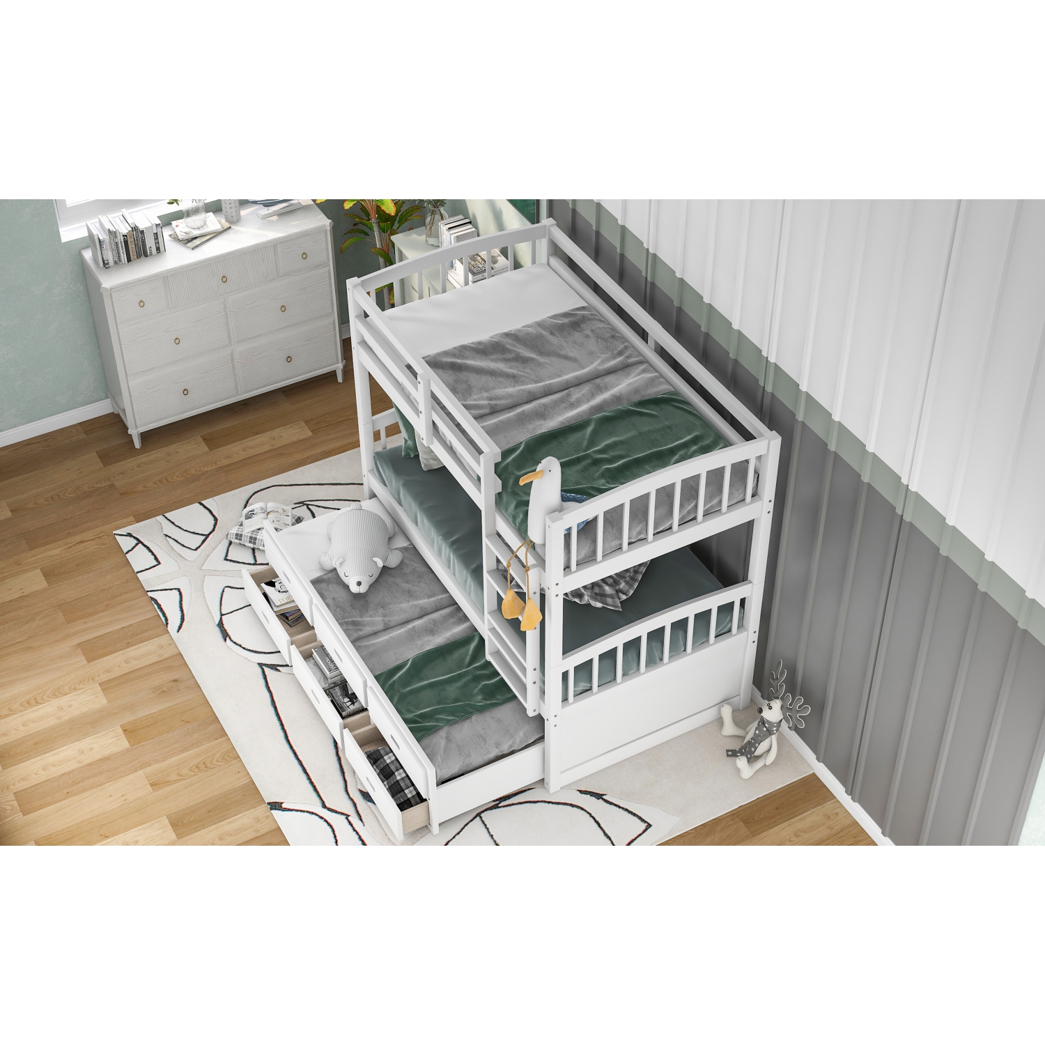 Twin over Twin Wood Bunk Bed with Trundle and Drawers,White