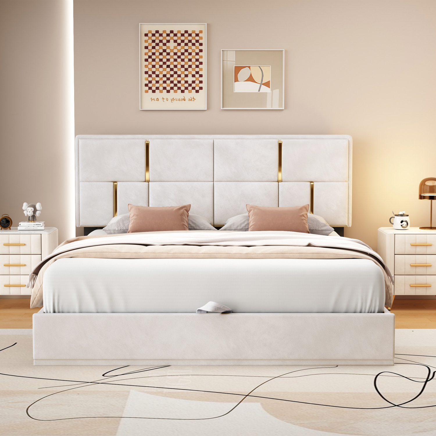 Queen Hydraulic Storage Platform Bed - Beige