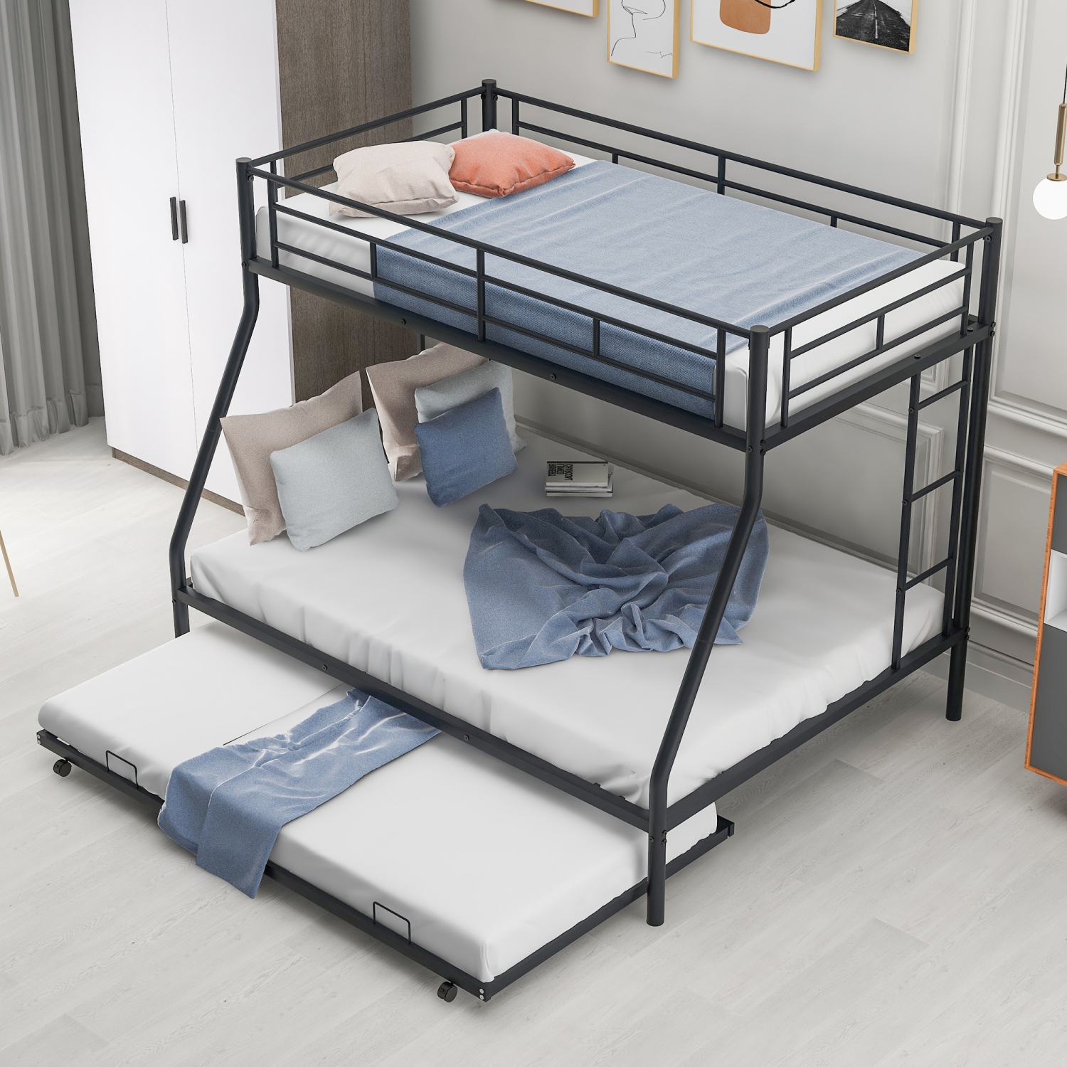 Twin/Full Bunk Bed w/ Trundle, Steel Frame, Ladders, Black