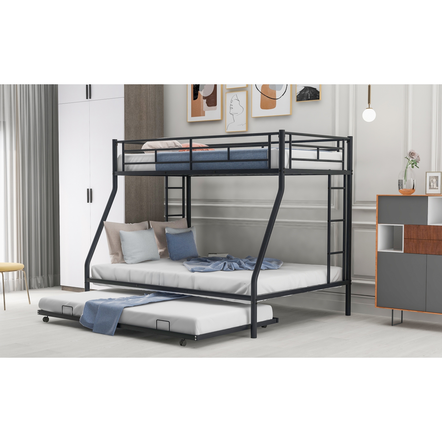 Twin/Full Bunk Bed w/ Trundle, Steel Frame, Ladders, Black