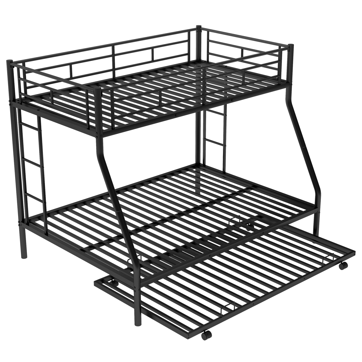 Twin/Full Bunk Bed w/ Trundle, Steel Frame, Ladders, Black