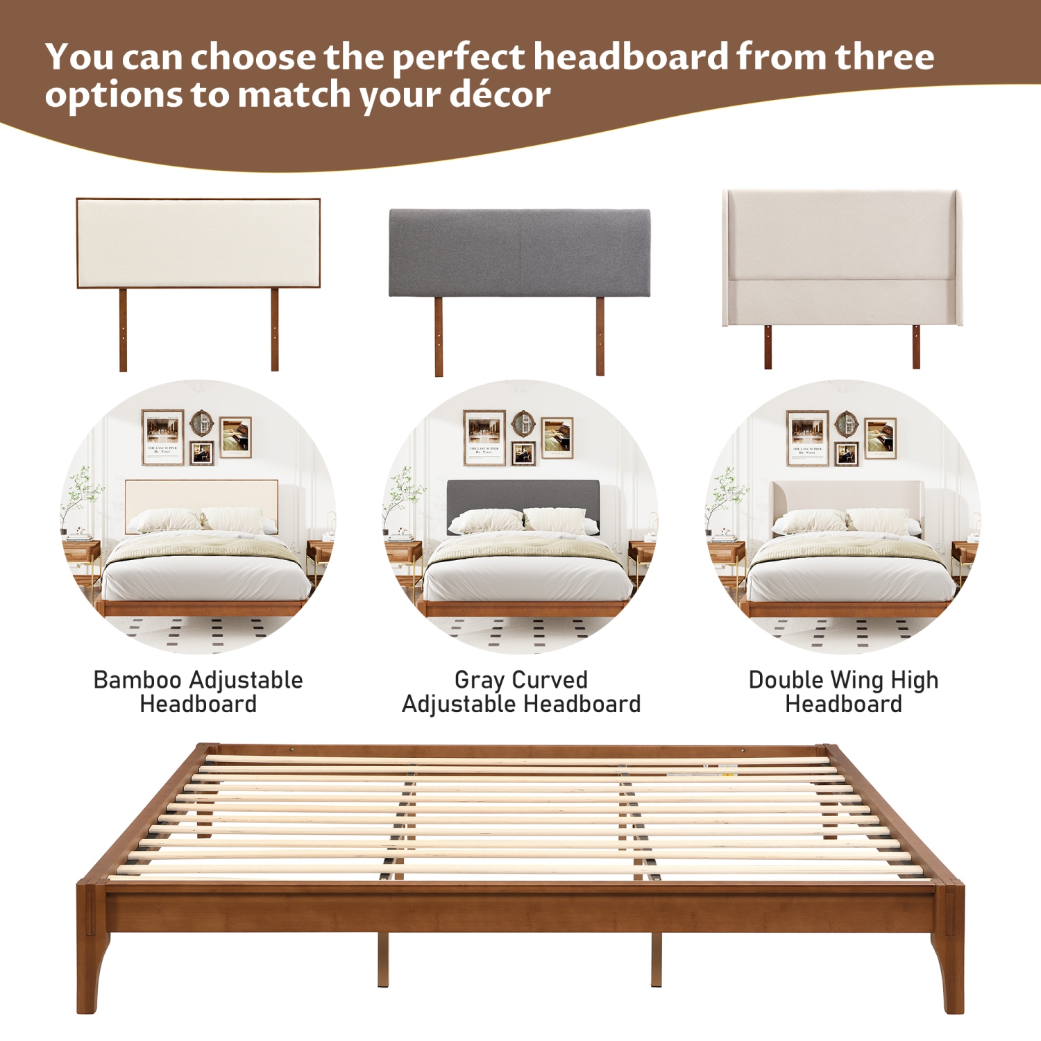 Queen Bamboo Platform Bed Frame - 12" Solid Wood, Slats, No Box Spring