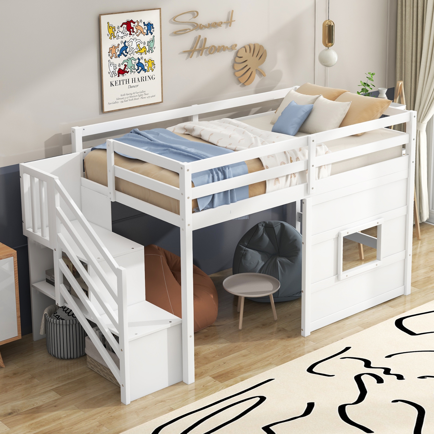 Twin Size Loft Bed with Storage Staircase and Window, With LED Light, White