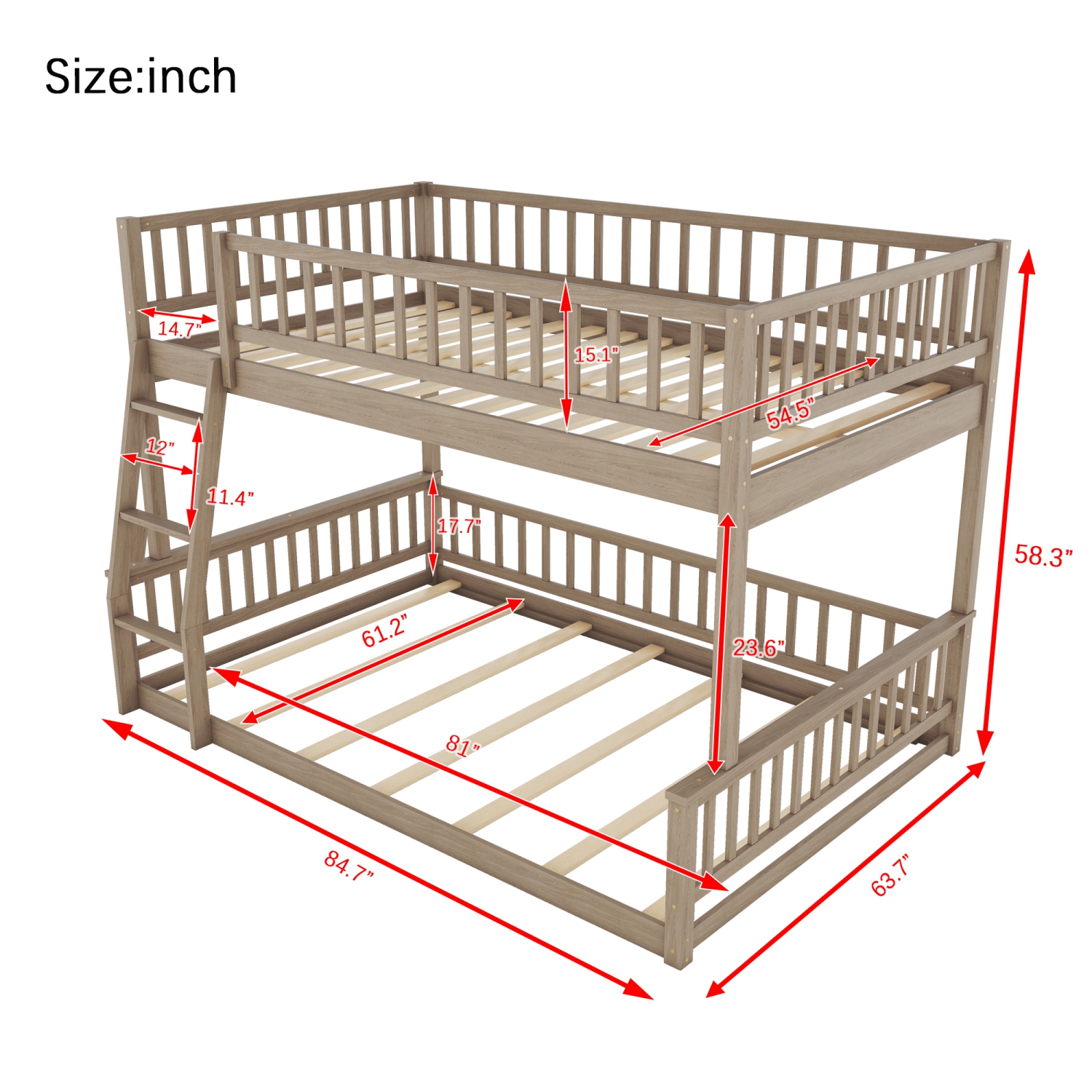 Full XL over Queen Bunk Bed with Ladder and Guardrails, Walnut