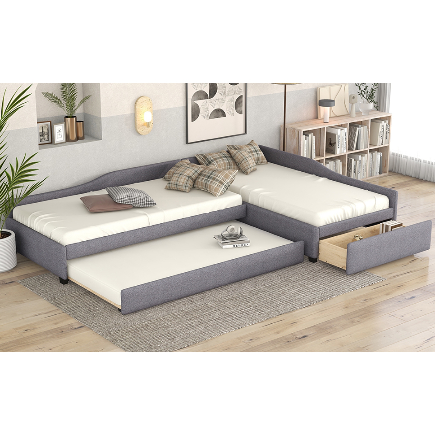 Upholstered Double Twin Size Daybed with Trundle and Drawer, Gray