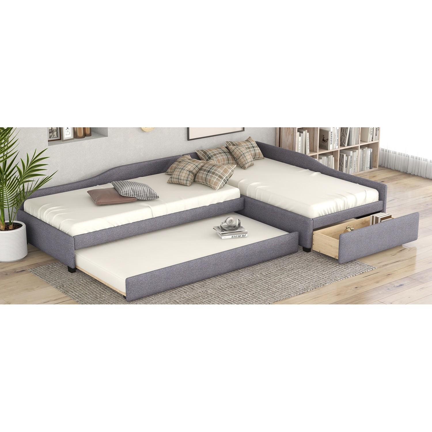 Upholstered Double Twin Size Daybed with Trundle and Drawer, Gray