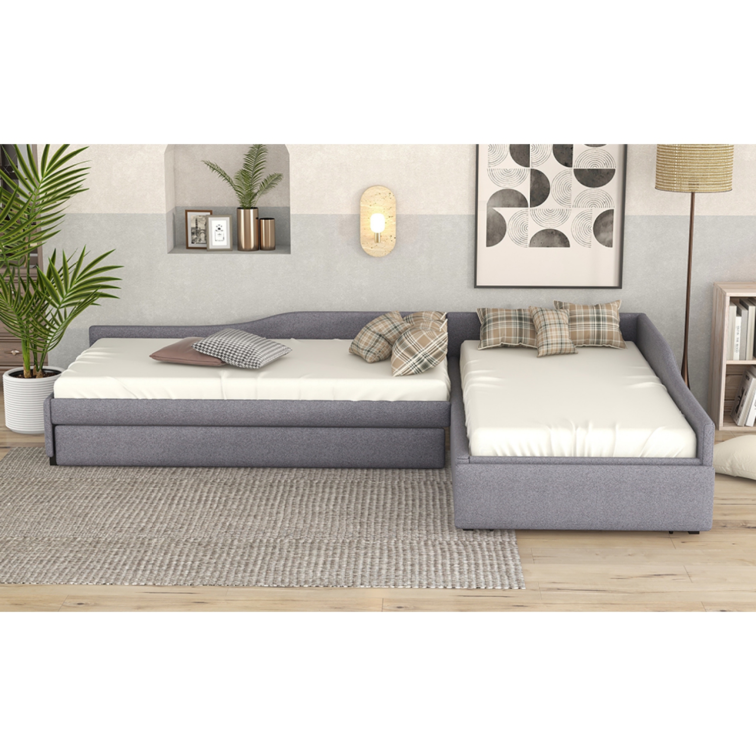 Upholstered Double Twin Size Daybed with Trundle and Drawer, Gray