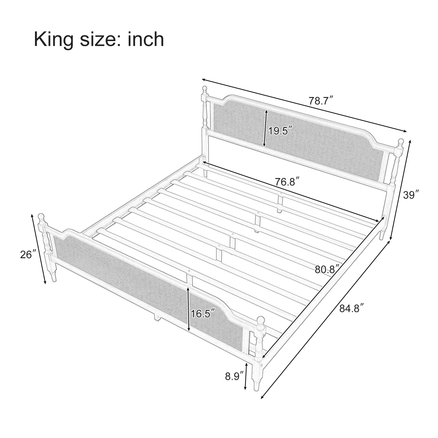 Traditional Style Rattan King Size Bed Frame,No Box Spring Needed,Antique Walnut