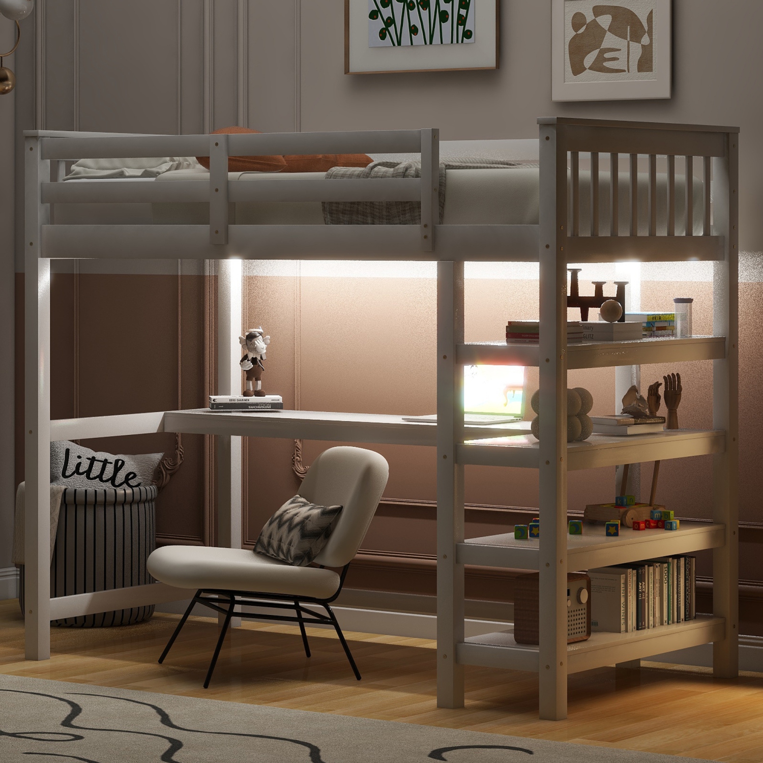 Twin Loft Bed w/ Storage, Desk & LED Light - White