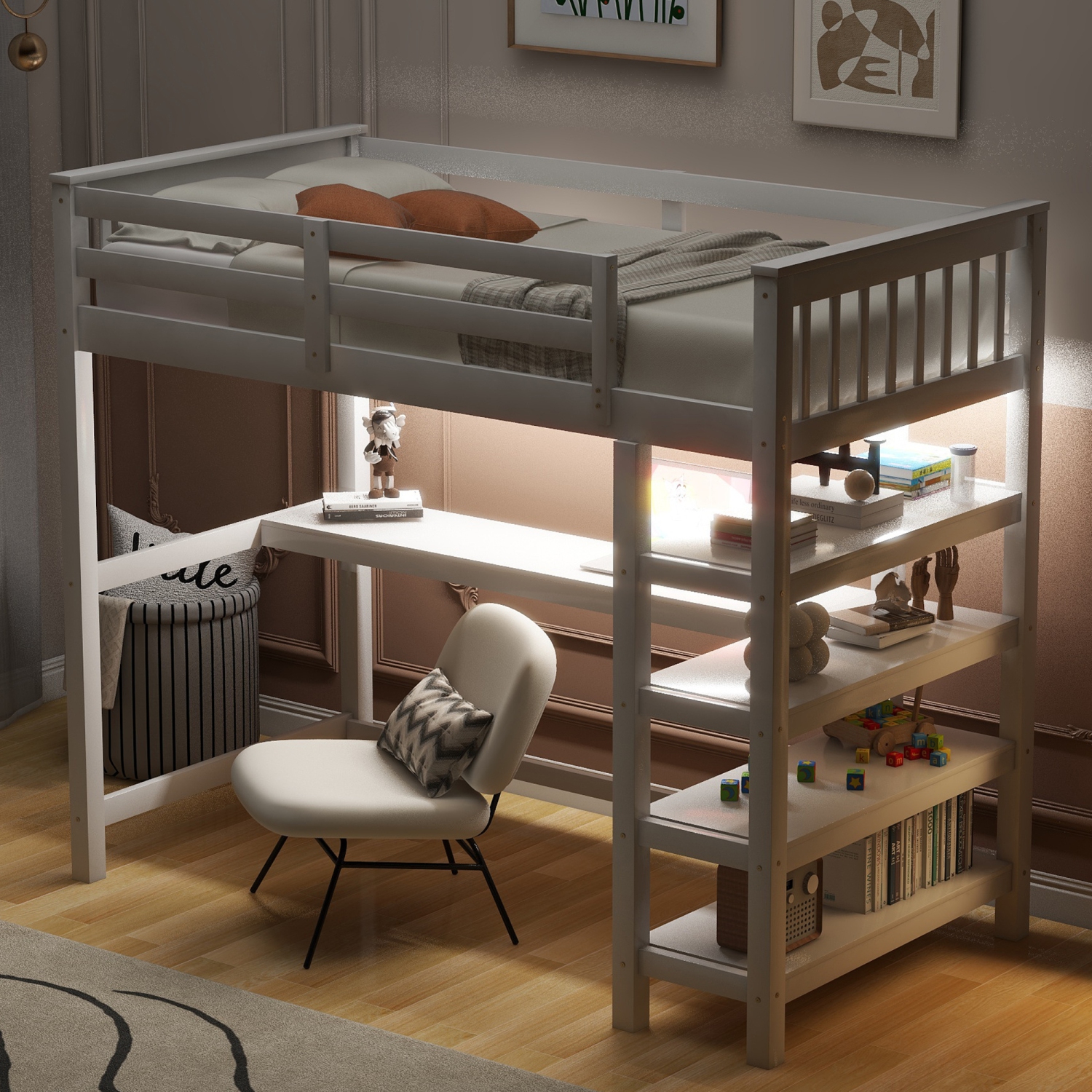 Twin Loft Bed w/ Storage, Desk & LED Light - White